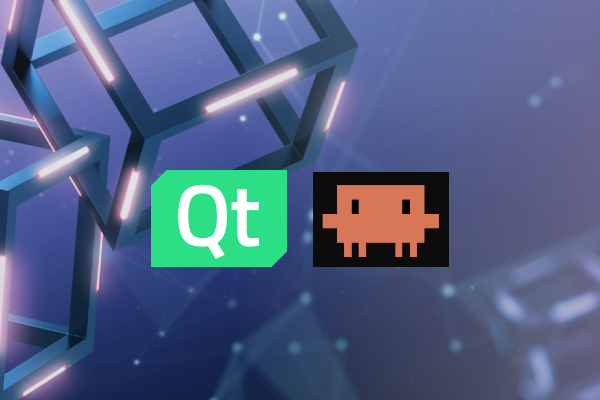 Graphic: Qt logo and pixelated alien on a futuristic background with glowing network cubes.
